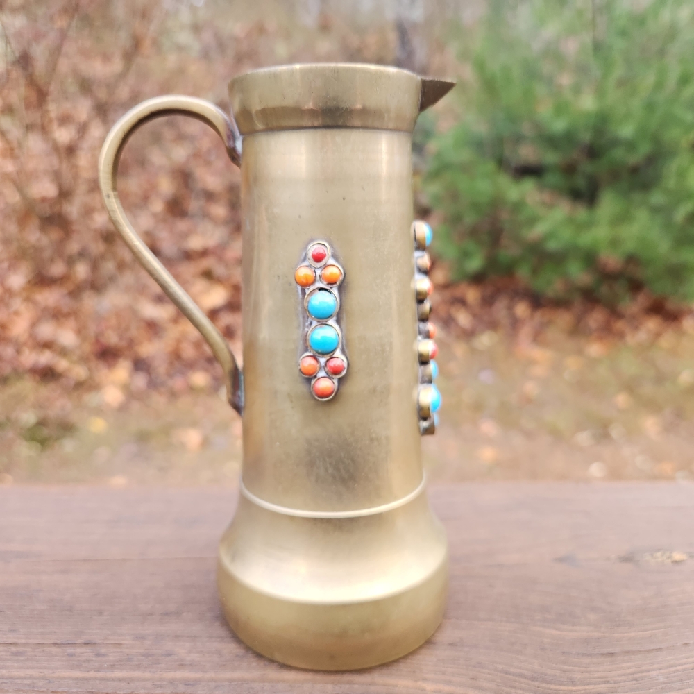 Vintage Brass Pitcher with Turquoise, Red And Black Stones